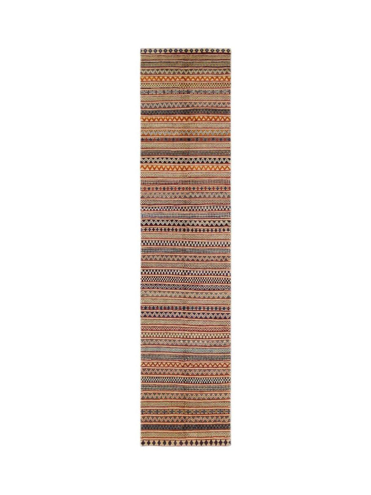 An Afghan Yekta runner rug featuring a repeating pattern of colorful, textured horizontal stripes.