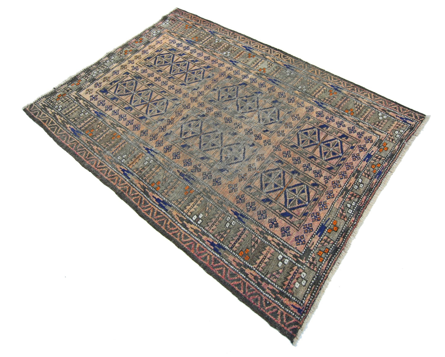 An antique handmade Afghan Balouch wool rug featuring geometric patterns in muted earth tones.