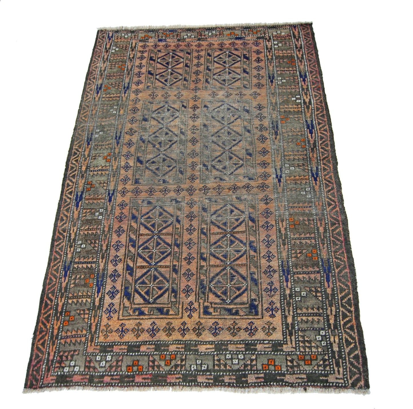 An antique Afghan Balouch rug featuring geometric patterns in muted orange, grey, and blue tones.