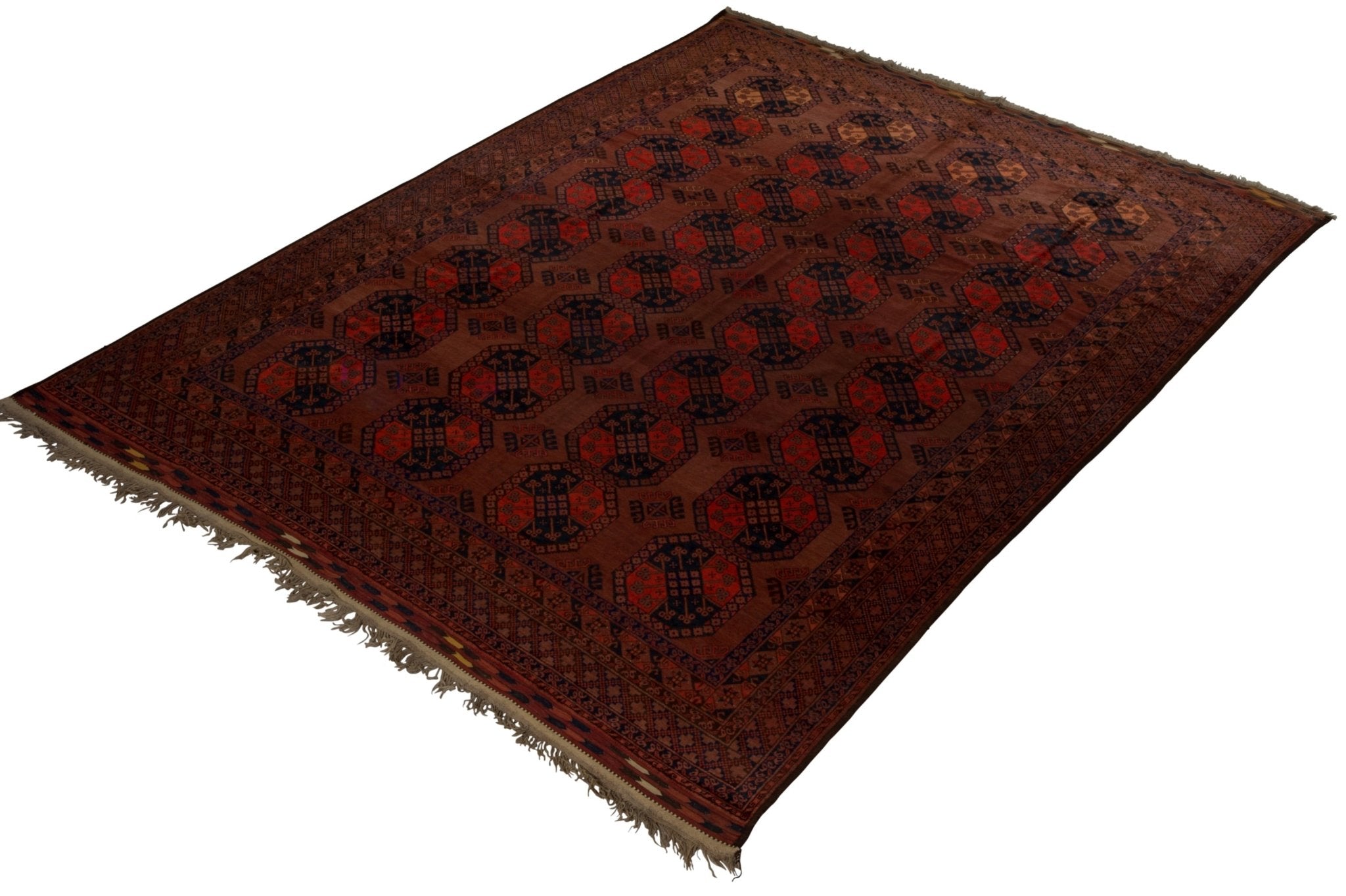 An antique Afghan Turkmen rug featuring a repeating geometric pattern in deep red and dark blue.