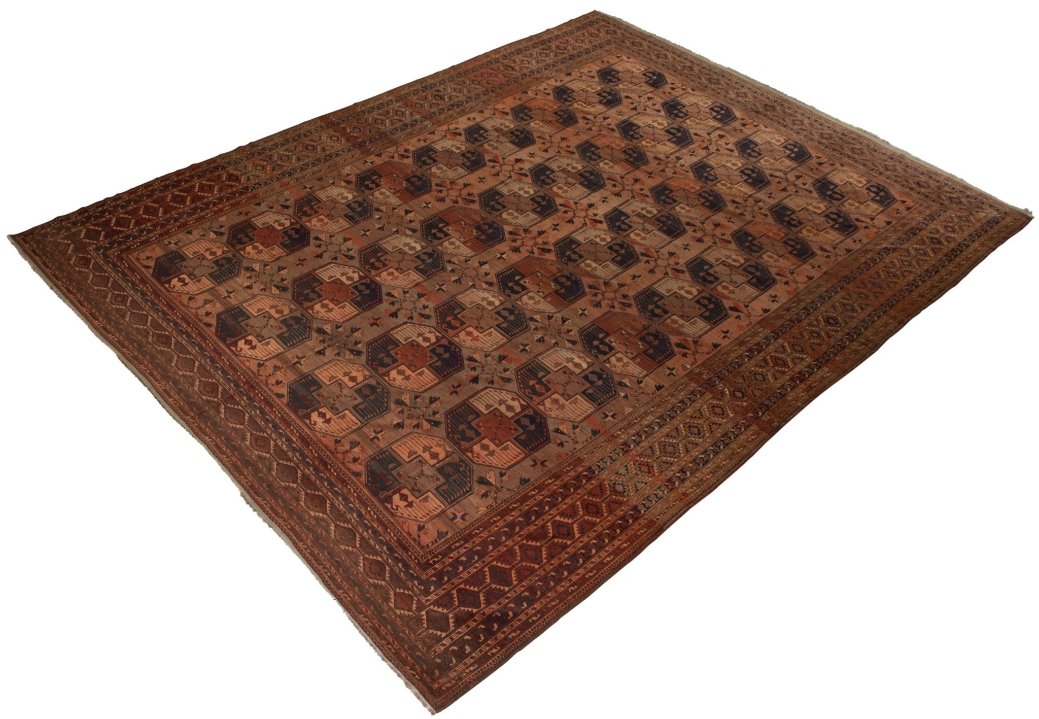 An antique Afghan Turkmen rug featuring a repeating geometric pattern in earthy brown tones.