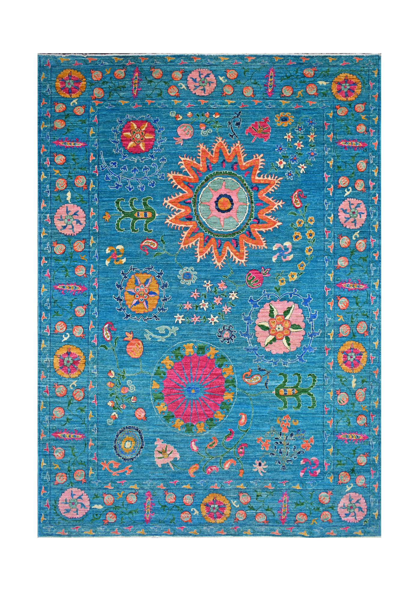 An Afghan Chobi rug featuring a vibrant blue field with colorful floral and geometric motifs.