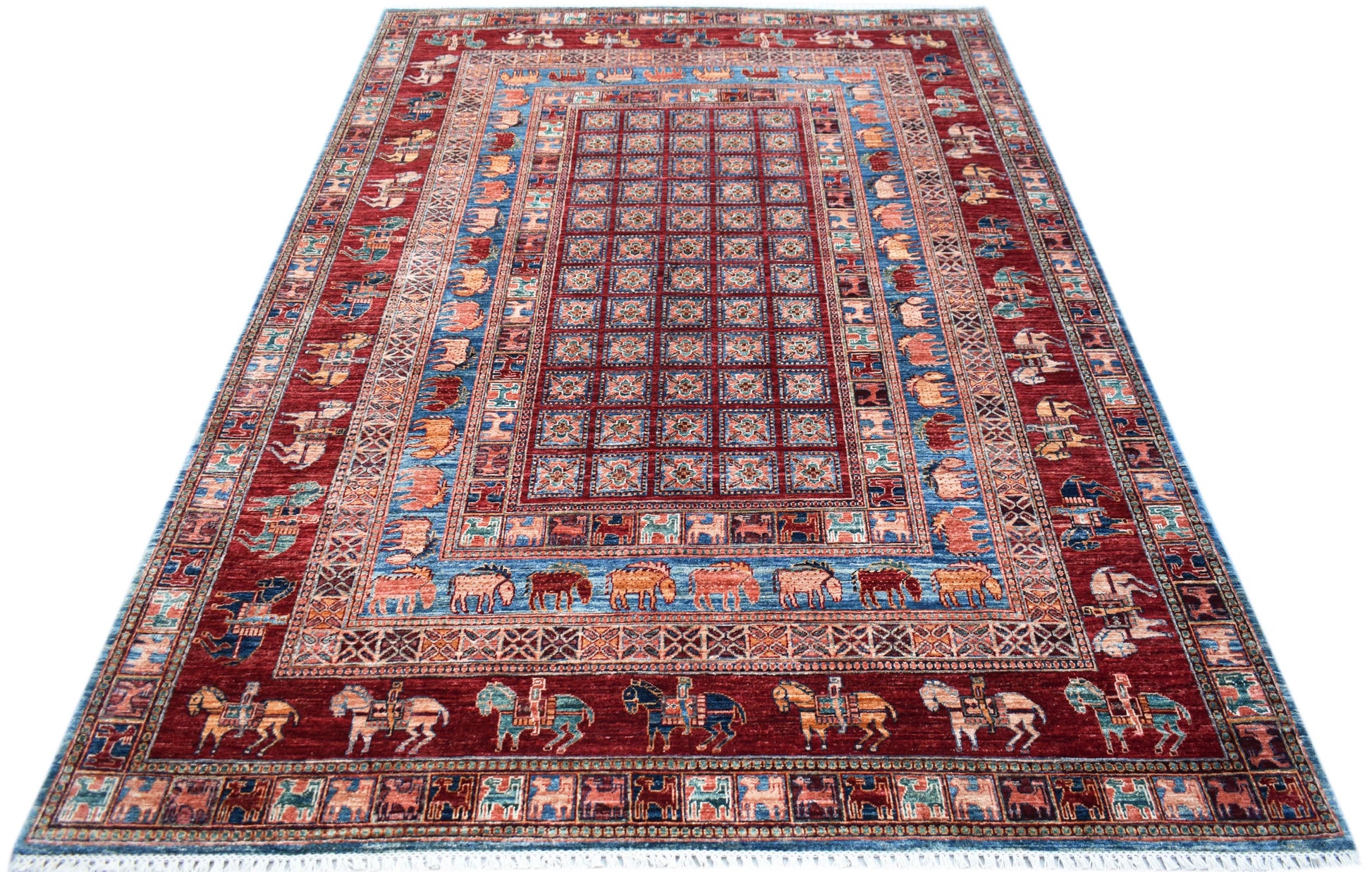 A rectangular Afghan Chobi rug featuring a central grid pattern surrounded by borders of horses.