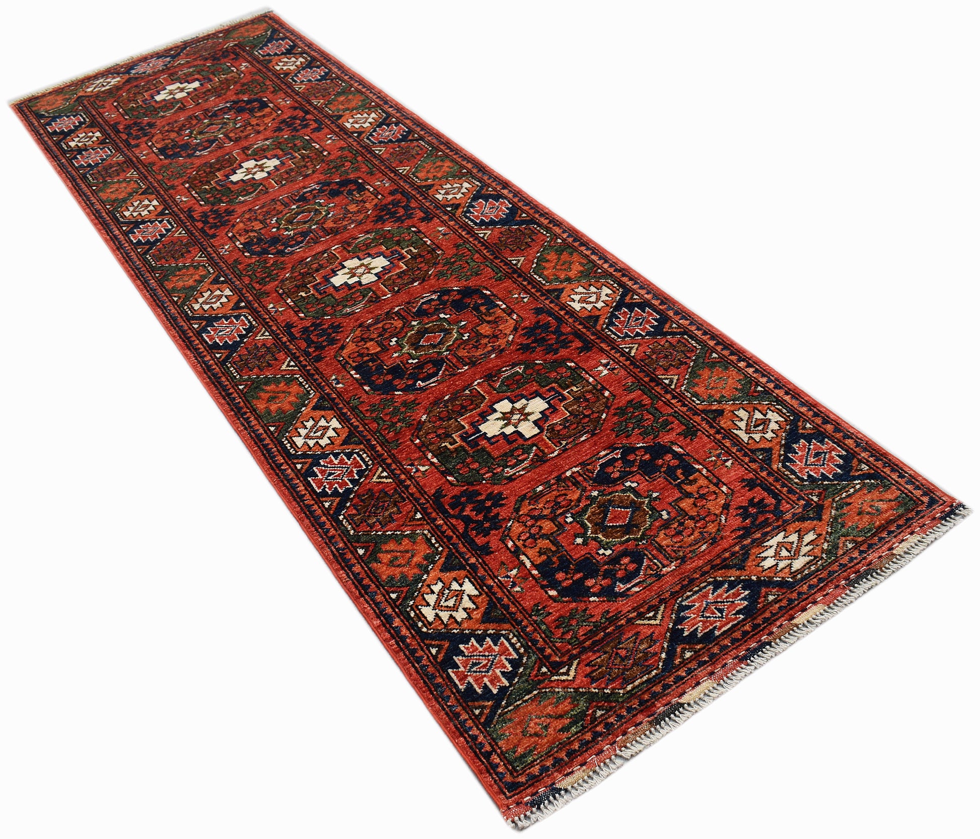 A handwoven Afghan Chobi runner rug featuring traditional geometric patterns in red and blue tones.
