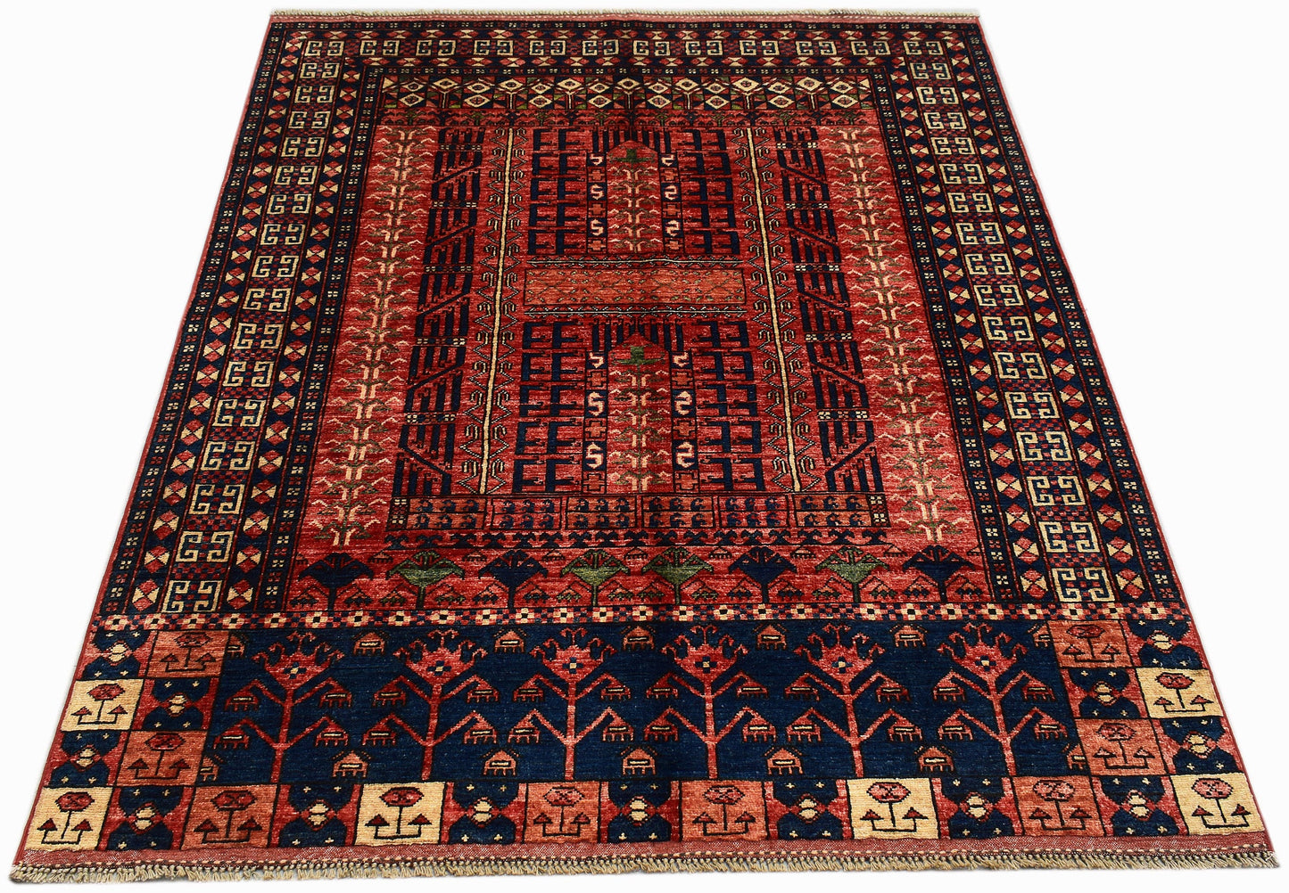 A rectangular Afghan Chobi rug featuring a geometric pattern in red, blue, and cream tones.