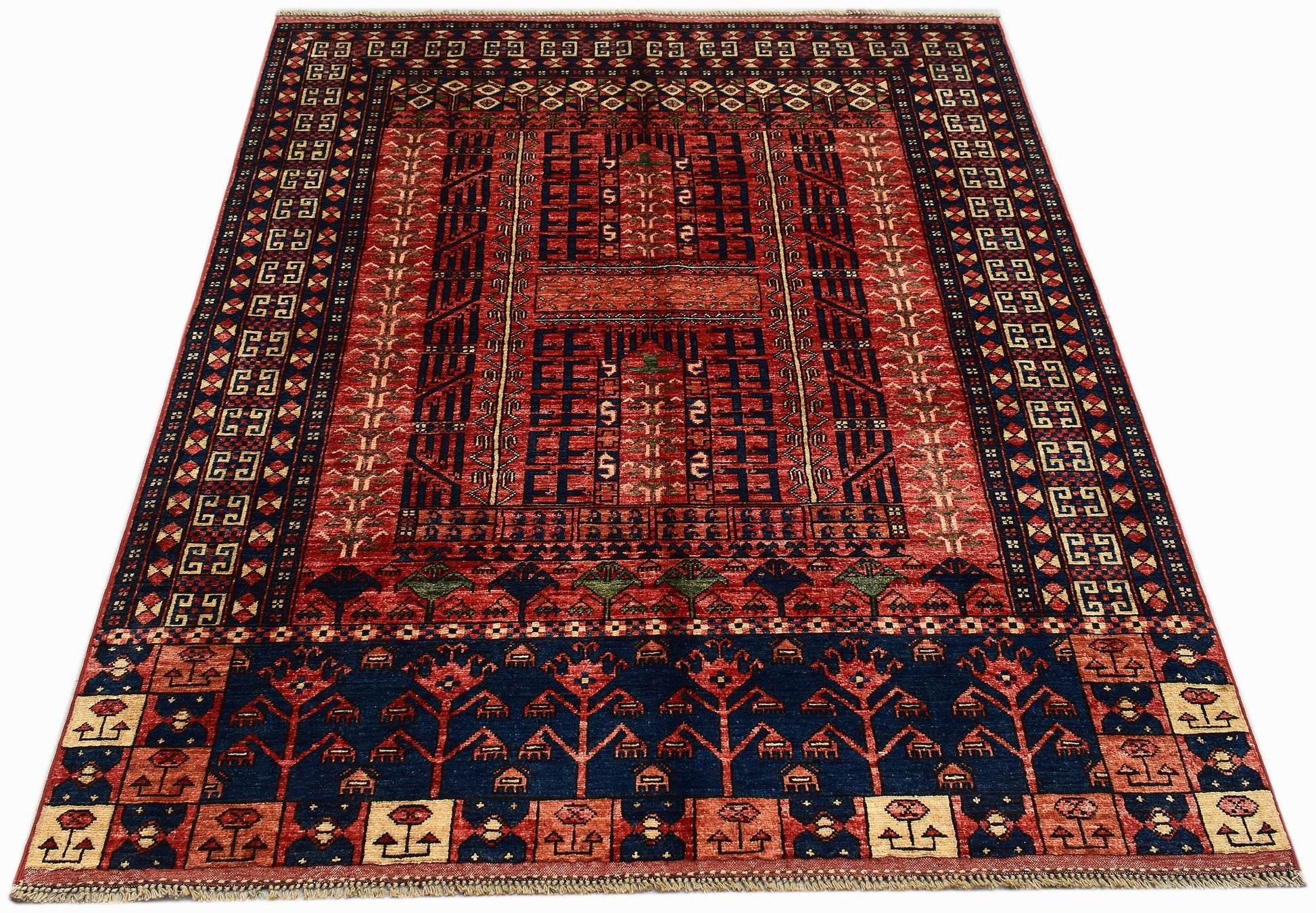 A rectangular Afghan Chobi rug featuring a geometric pattern in red, blue, and cream tones.