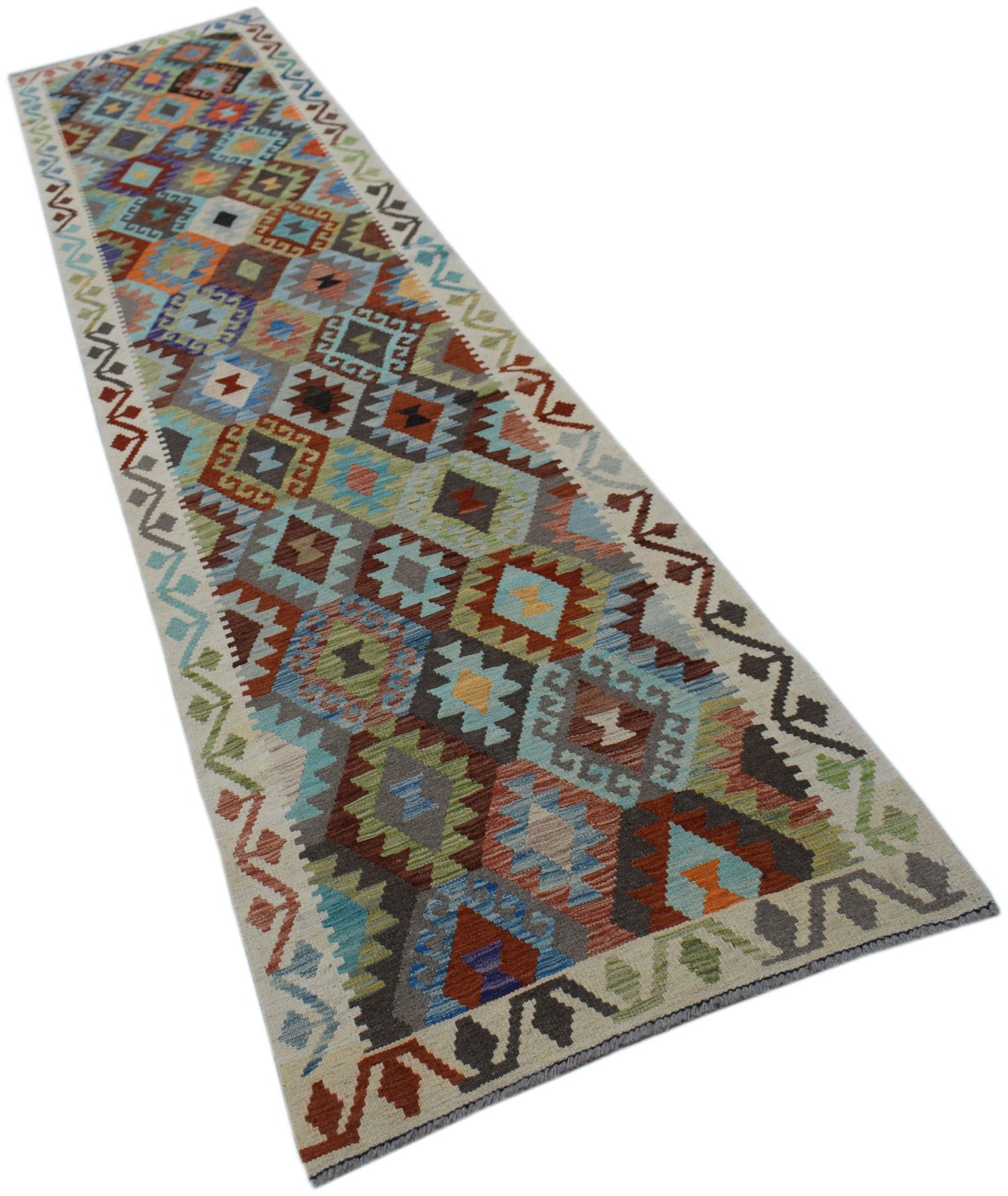 A long, handmade Afghan Maimana Kilim runner featuring a colorful geometric diamond pattern.