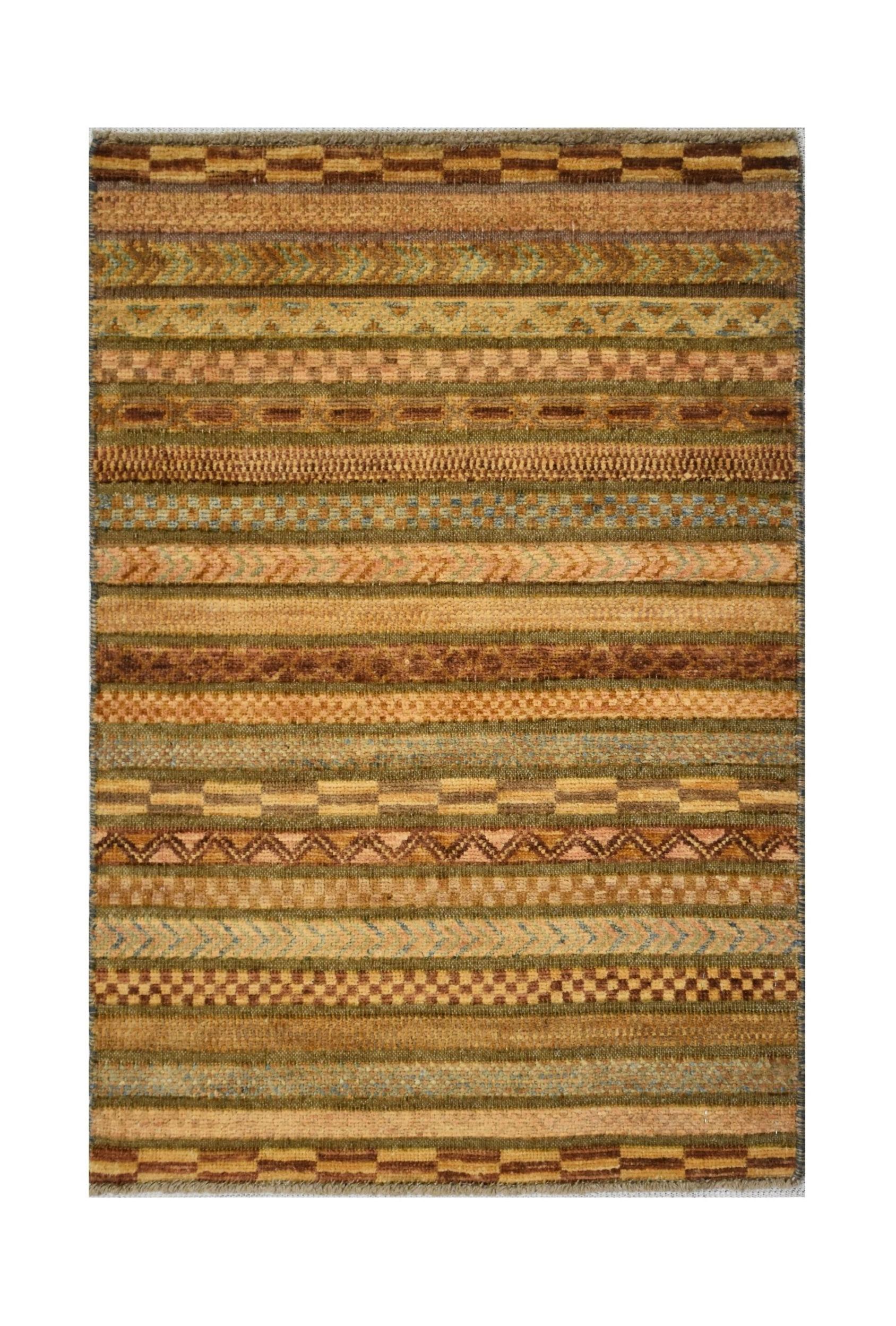 Handmade Afghan wool rug featuring a repeating pattern of horizontal stripes in earthy tones.