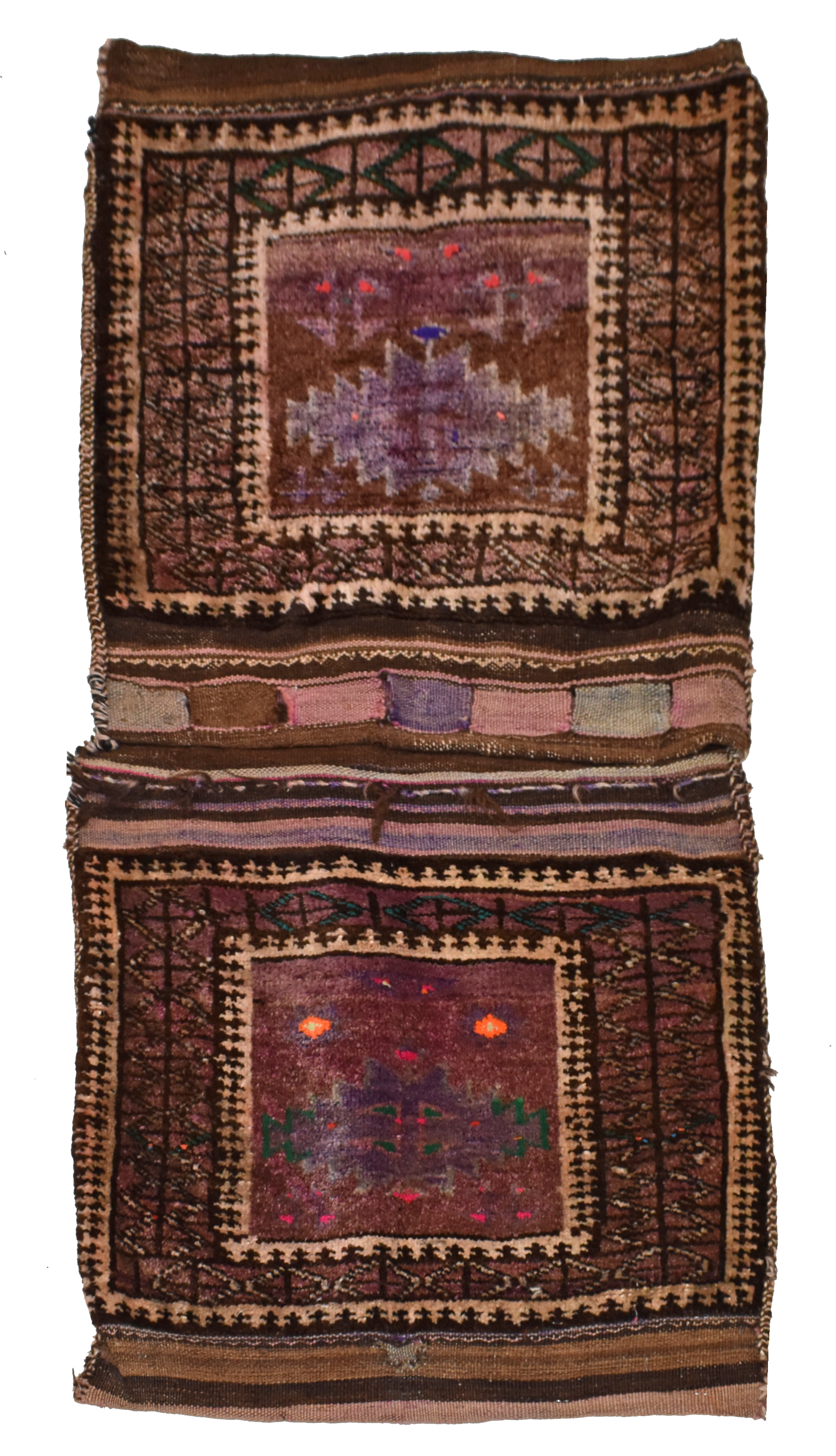 A vintage handmade Afghan wool saddle bag featuring two rectangular panels with tribal motifs.