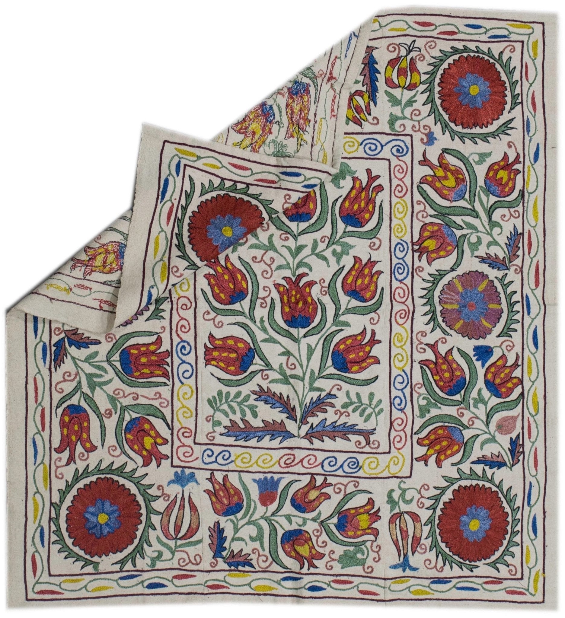 Handmade Uzbek suzani featuring colorful silk floral embroidery on a white cotton fabric base.