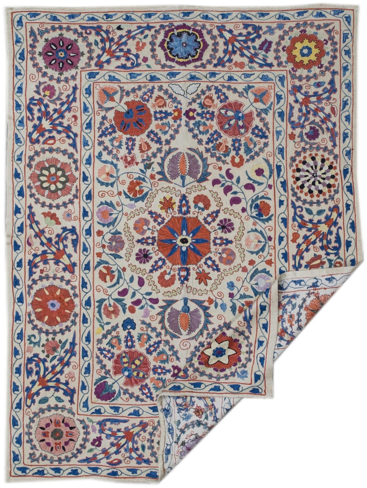 Handmade silk Uzbek suzani featuring intricate floral and geometric embroidery on a cream base.