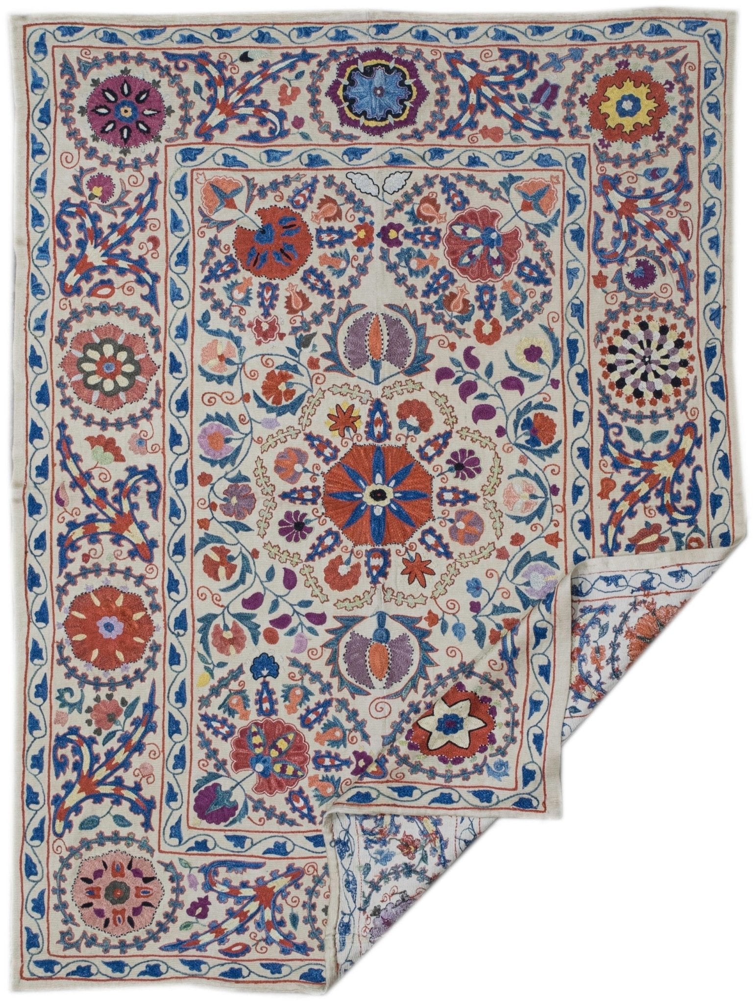 Handmade silk Uzbek suzani featuring intricate floral and geometric embroidery on a cream base.