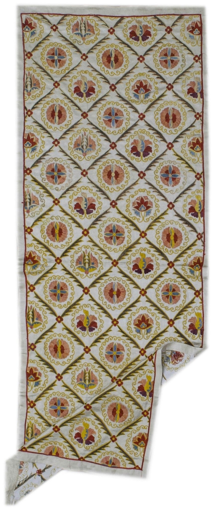 Handmade Uzbek suzani featuring intricate silk floral embroidery in a repeating diamond pattern.