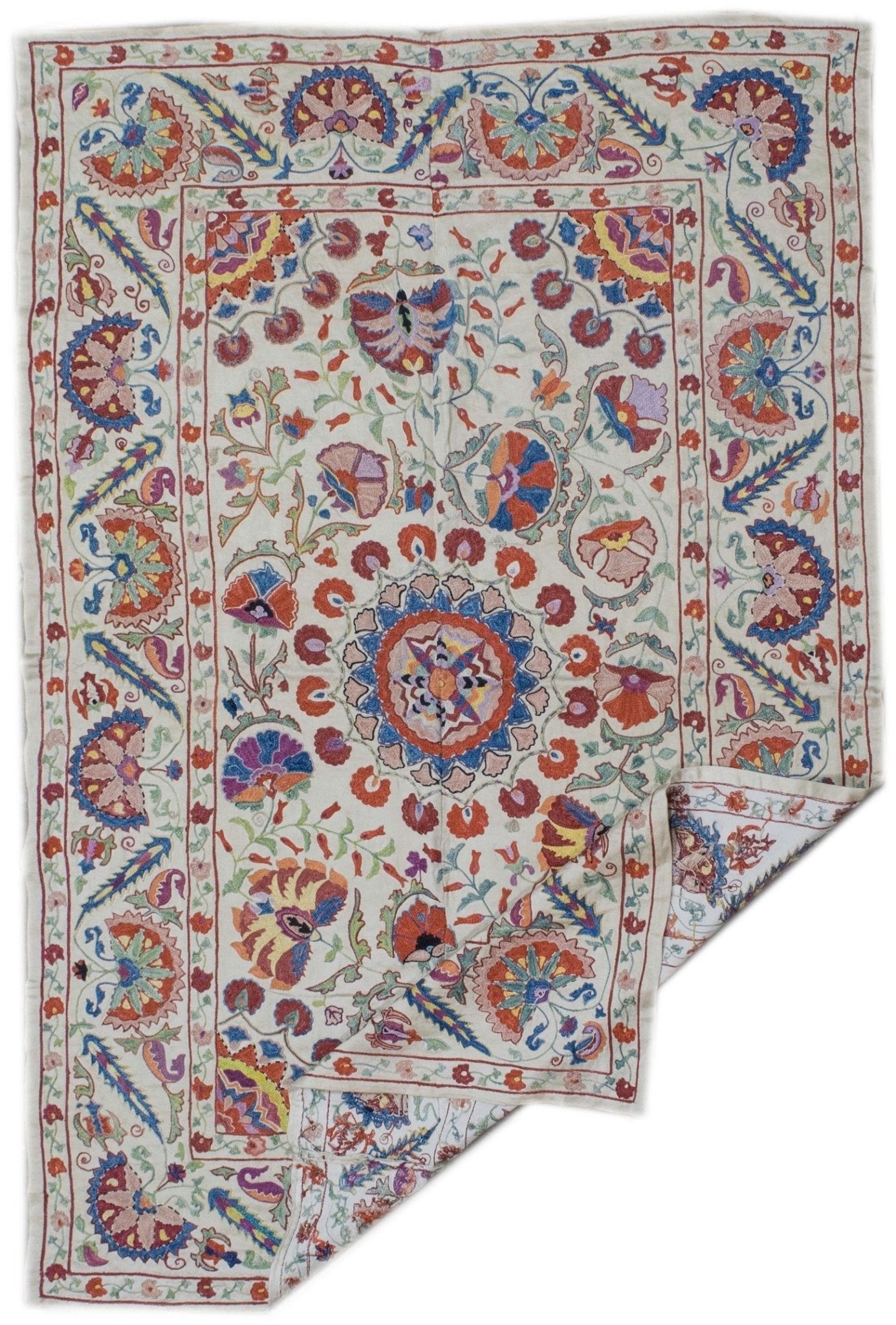 Handmade silk Uzbek suzani featuring intricate floral embroidery in vibrant colors on a cream base.