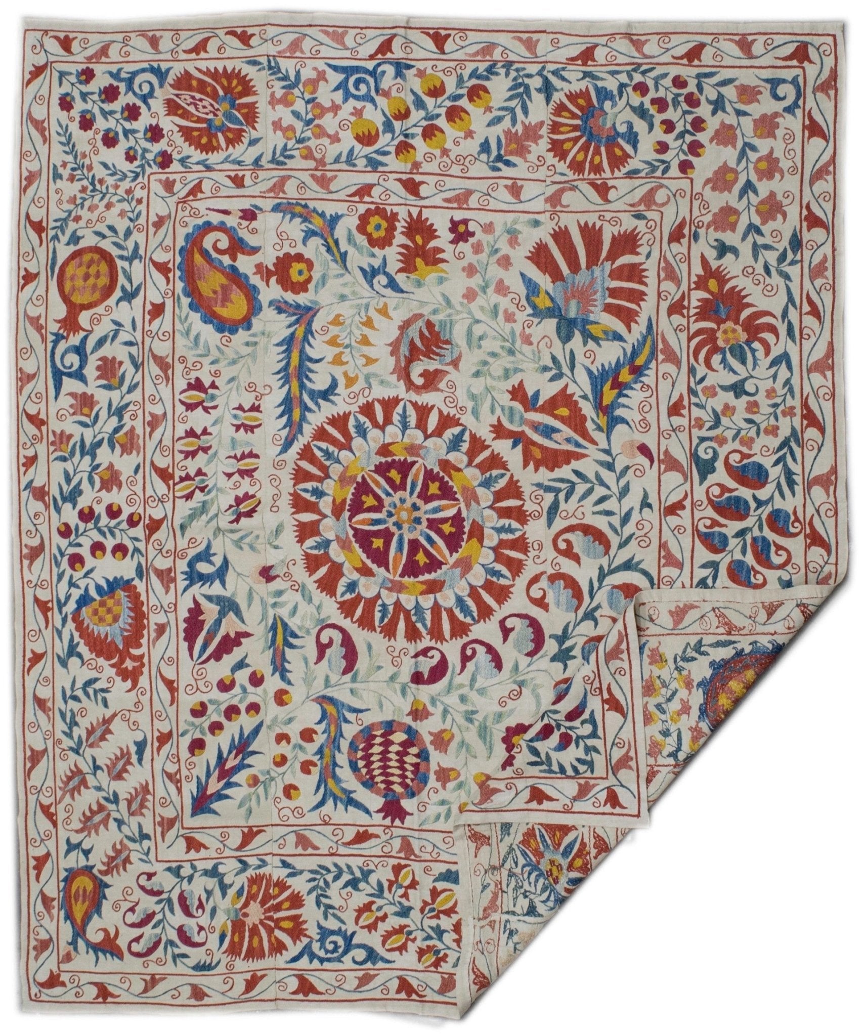 Handmade Uzbek suzani featuring intricate silk floral and fruit embroidery on a cotton base.