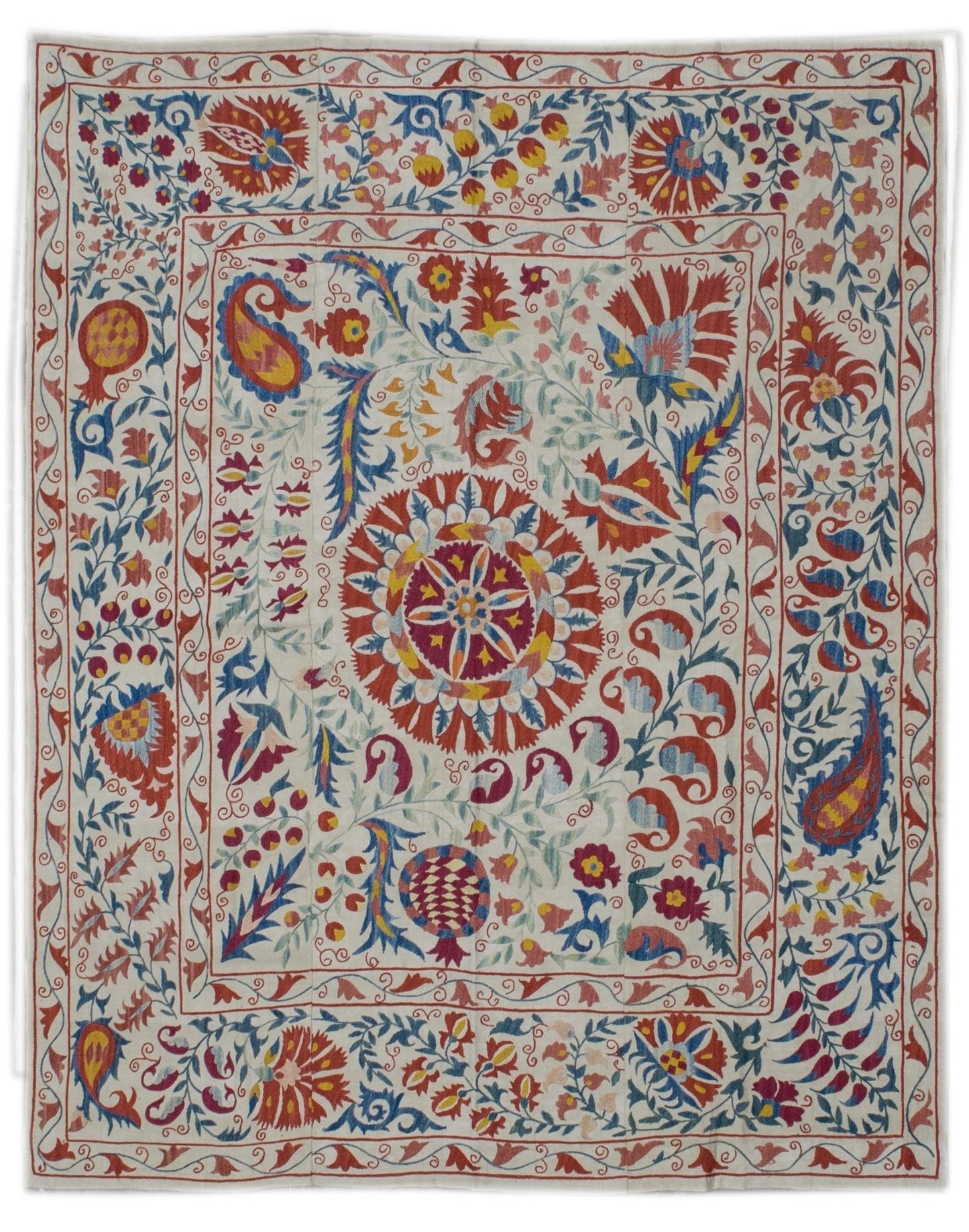 Handmade Uzbek suzani featuring colorful silk floral and pomegranate embroidery on cotton fabric.