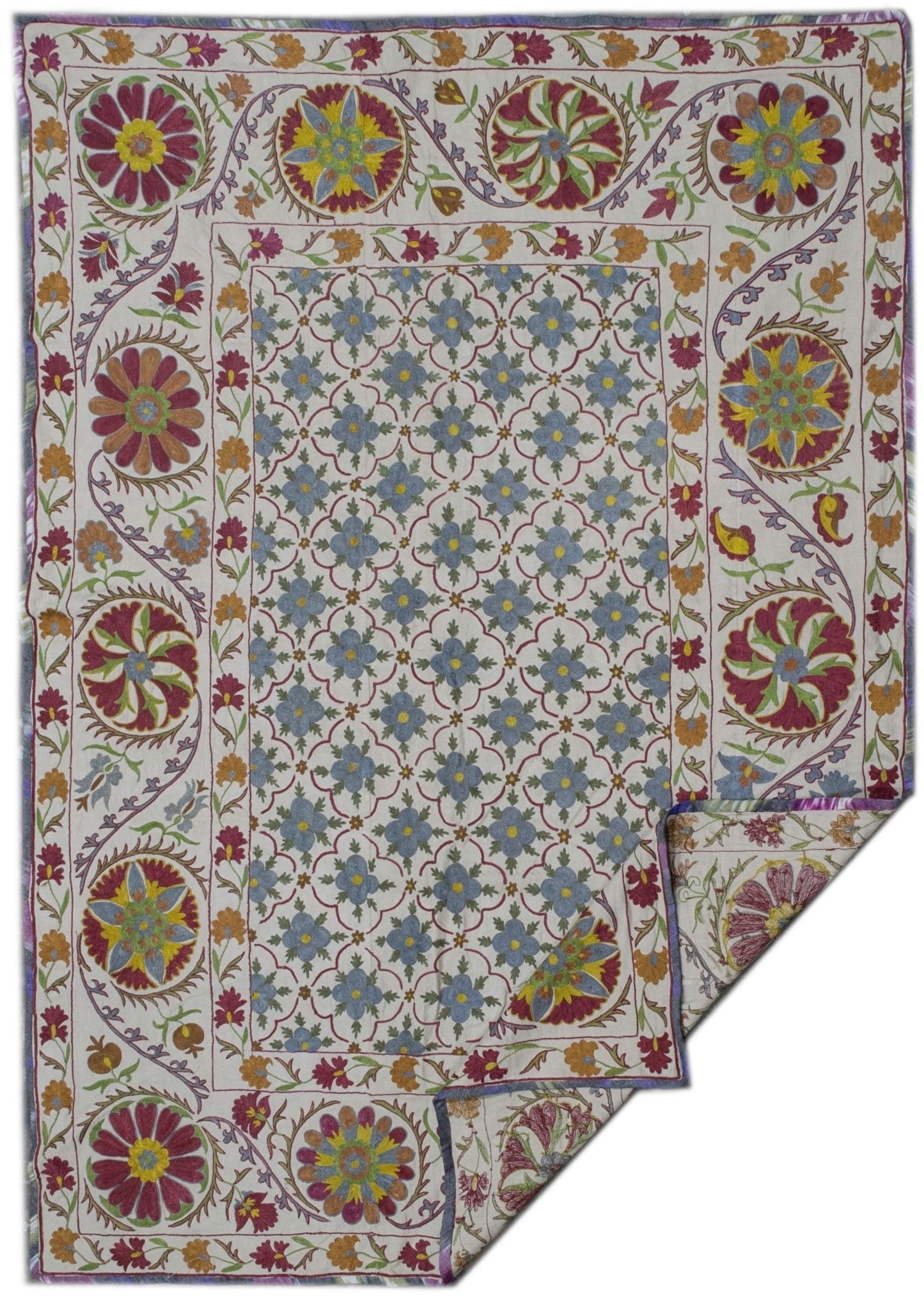 Handmade Uzbek suzani featuring intricate silk floral embroidery on a white cotton base.