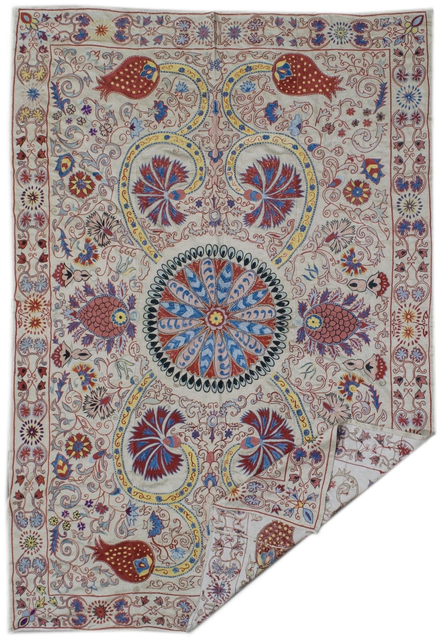 Handmade Uzbek suzani featuring intricate silk floral and fruit embroidery on a silk base.