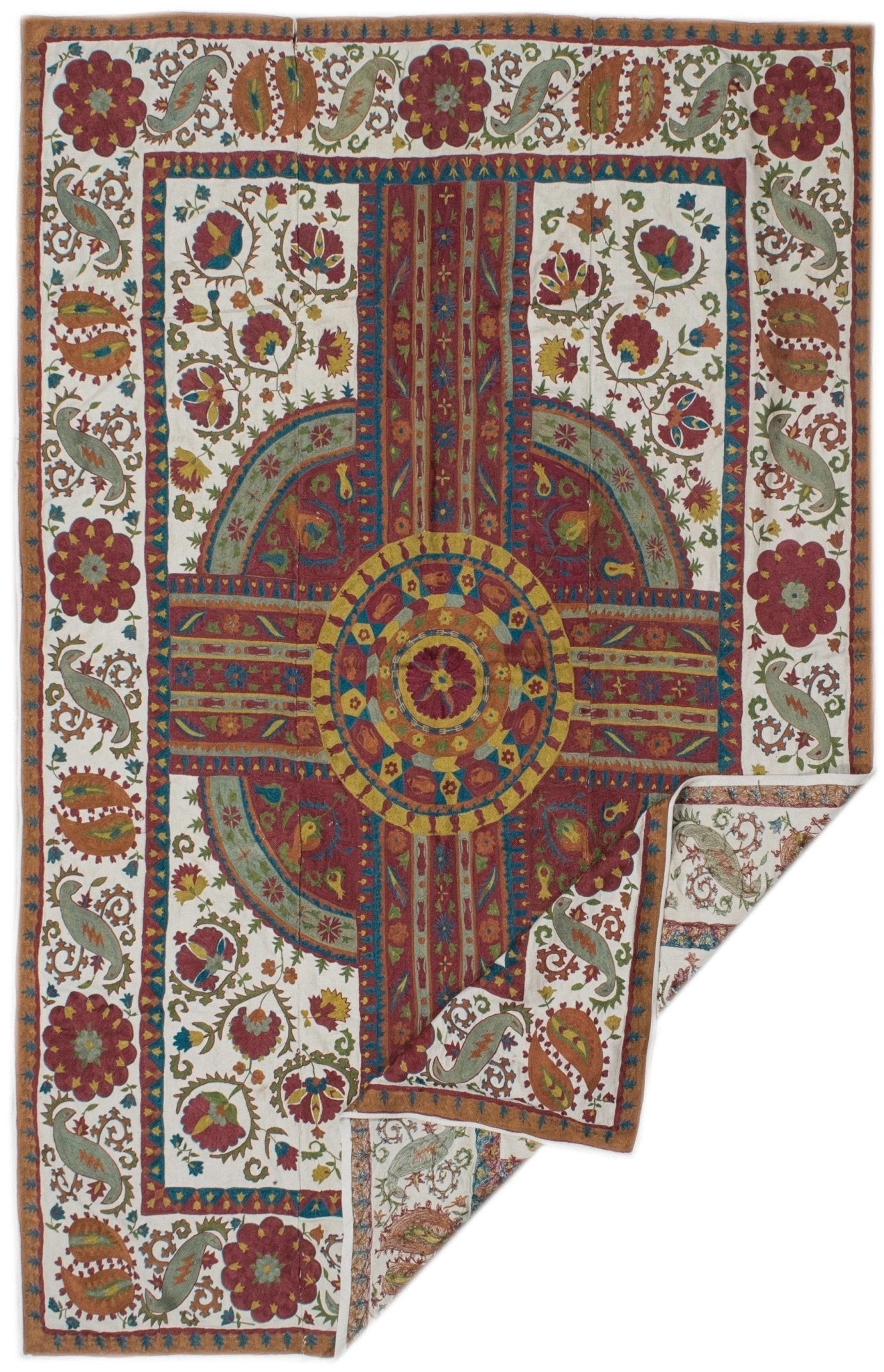 Handmade Uzbek suzani featuring intricate silk floral and geometric embroidery on a cotton base.
