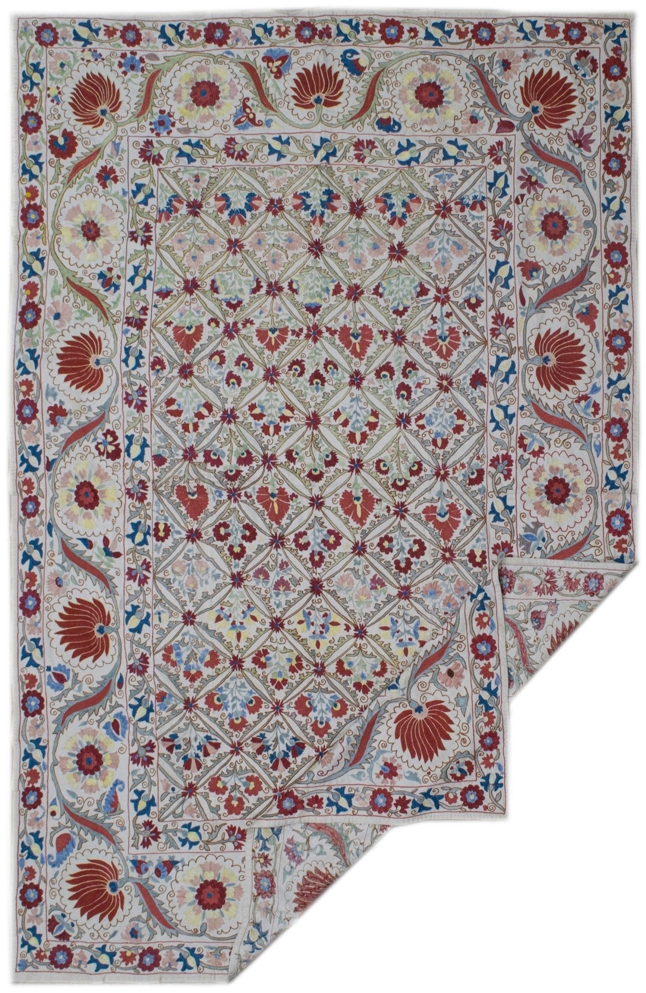 Handmade Uzbek suzani featuring intricate floral silk embroidery on a white cotton base.