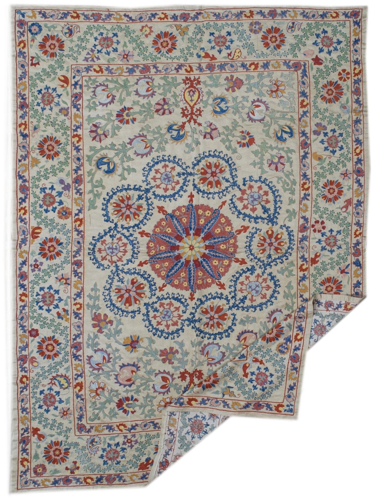 Handmade silk Uzbek suzani featuring intricate floral embroidery in a central medallion design.