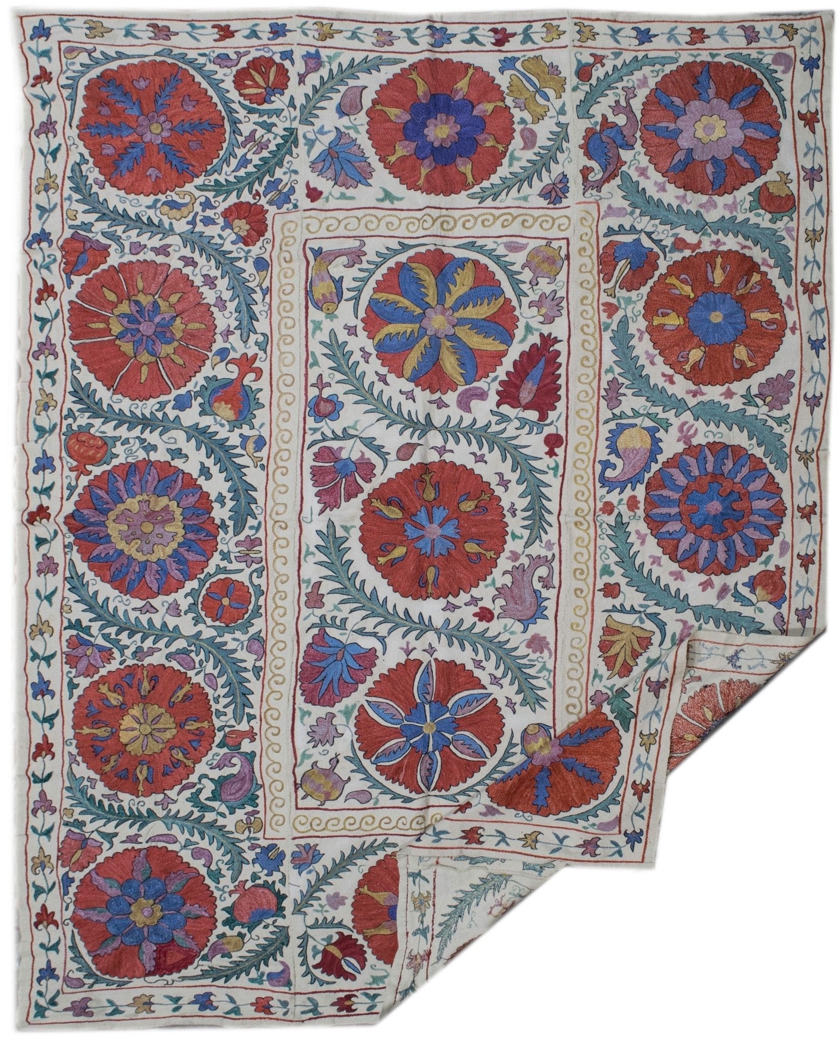 Handmade Uzbek suzani featuring vibrant silk floral embroidery on a white cotton fabric base.