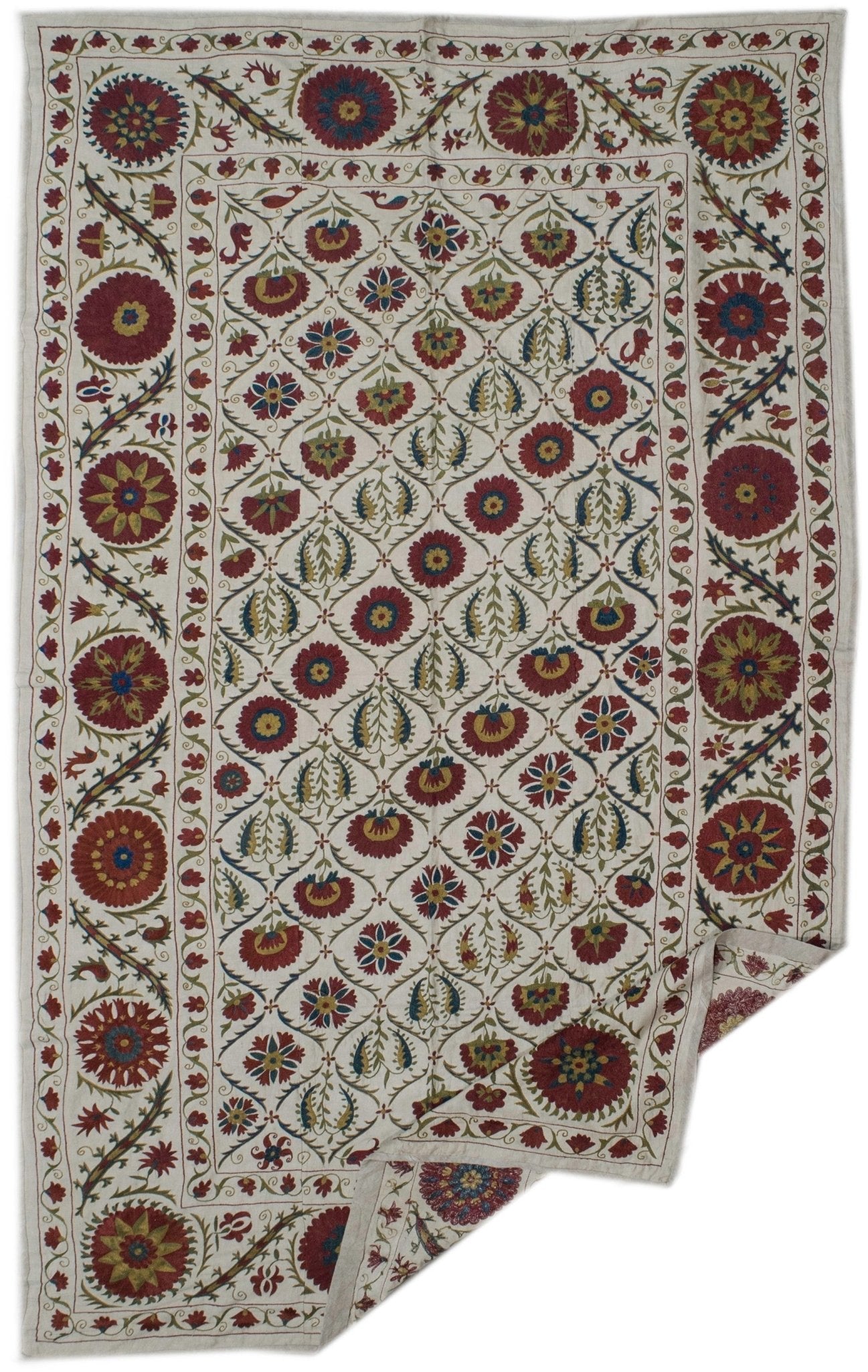 Handmade Uzbek suzani featuring intricate floral silk embroidery on a cream cotton fabric base.
