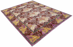 A handwoven Afghan rug featuring a botanical floral pattern in shades of purple, gold, and red.