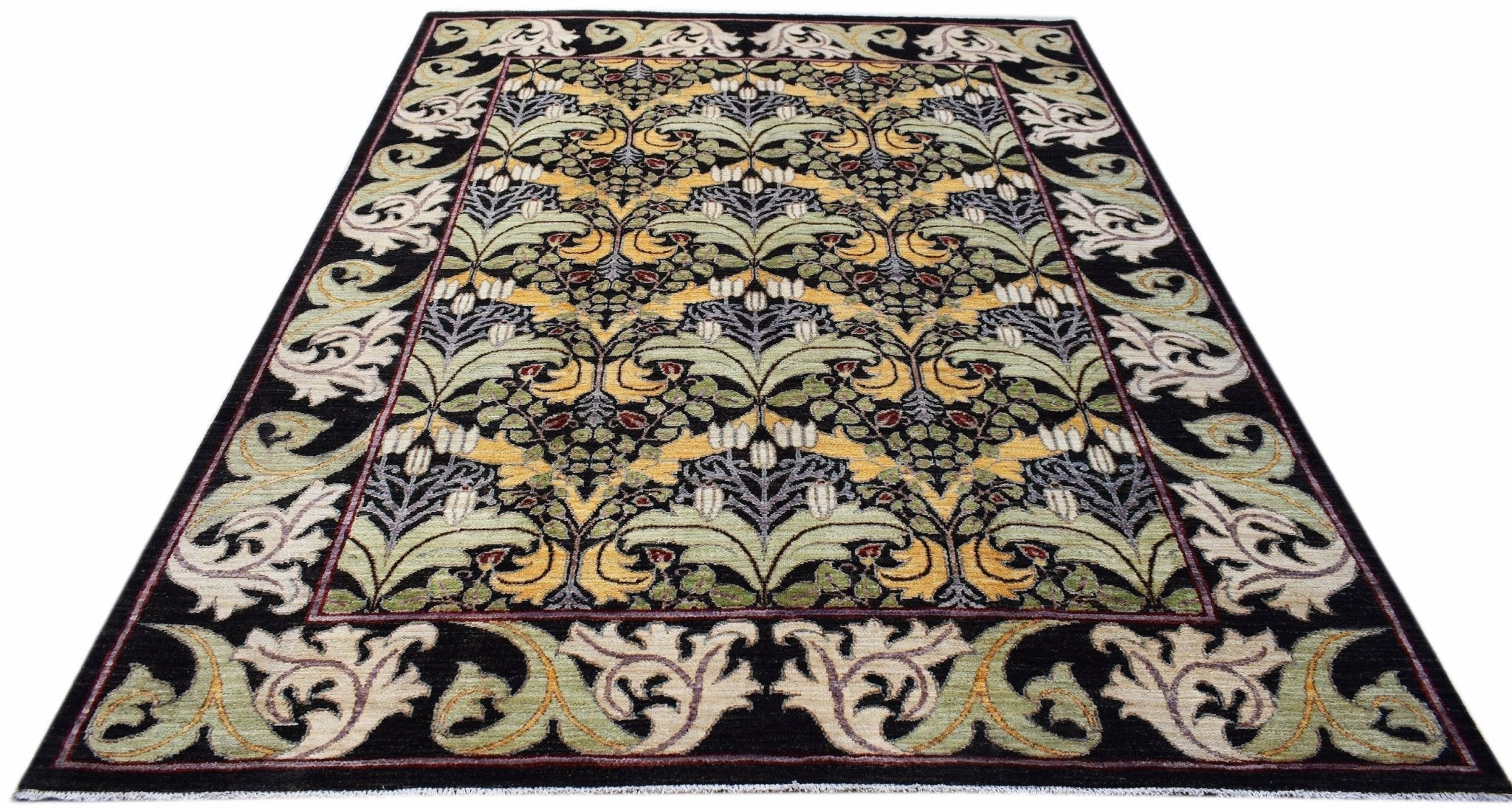 A handwoven Afghan wool rug featuring a black background with a repeating botanical floral pattern.