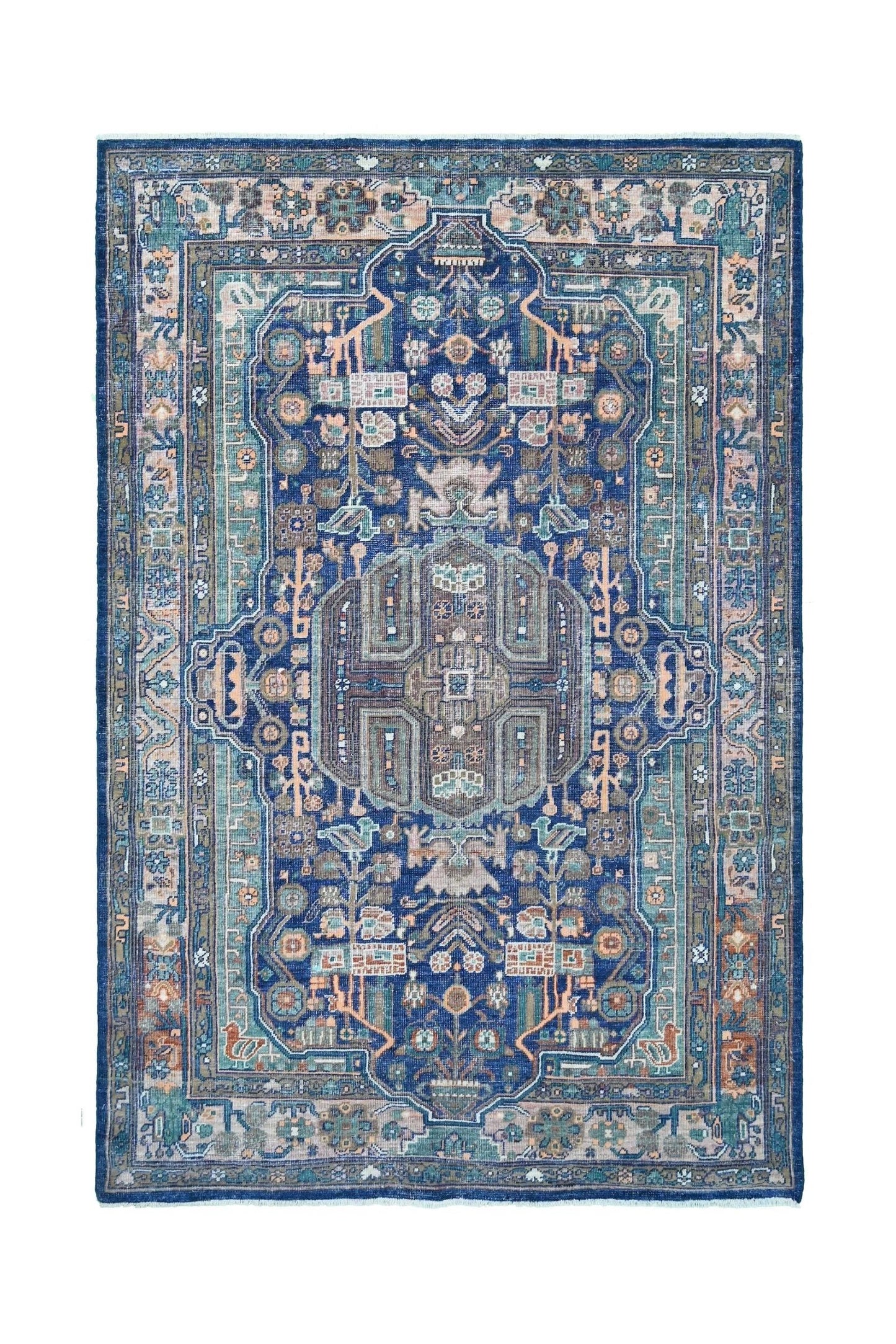 A rectangular Afghan rug featuring a traditional geometric pattern in shades of blue and tan.