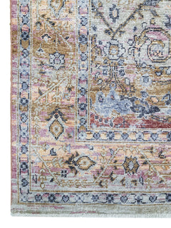 A handwoven transitional Oushak rug featuring a vintage-inspired pattern in muted earth tones.