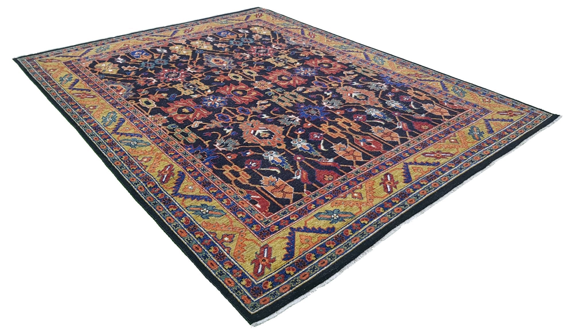 A transitional Afghan rug featuring a dark field with intricate floral patterns and a gold border.