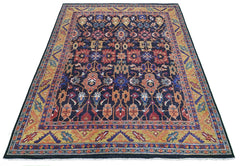 A hand-knotted Afghan rug featuring a dark blue field with intricate floral and medallion patterns.