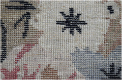 A close-up of a hand-knotted wool rug featuring a geometric star pattern on a neutral background.