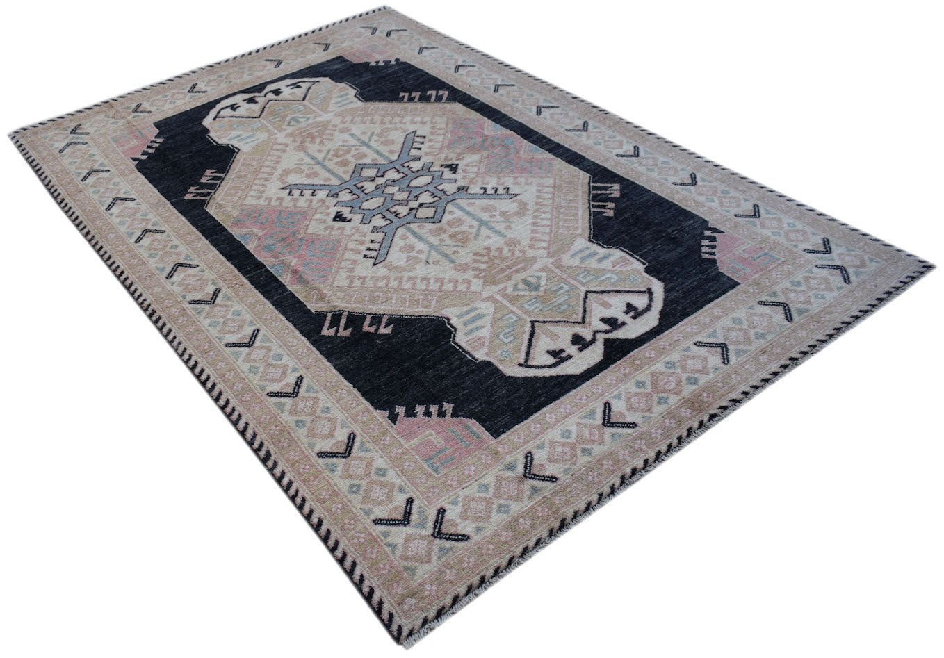 A handmade transitional wool rug from Afghanistan featuring a central medallion on a black field.
