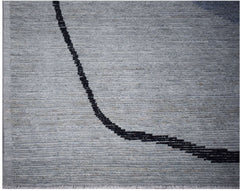 A hand-knotted Afghan rug in grey wool featuring a minimalist black curved line design.