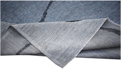 A hand-knotted Afghan Kohi rug in blue wool with a black abstract line pattern.