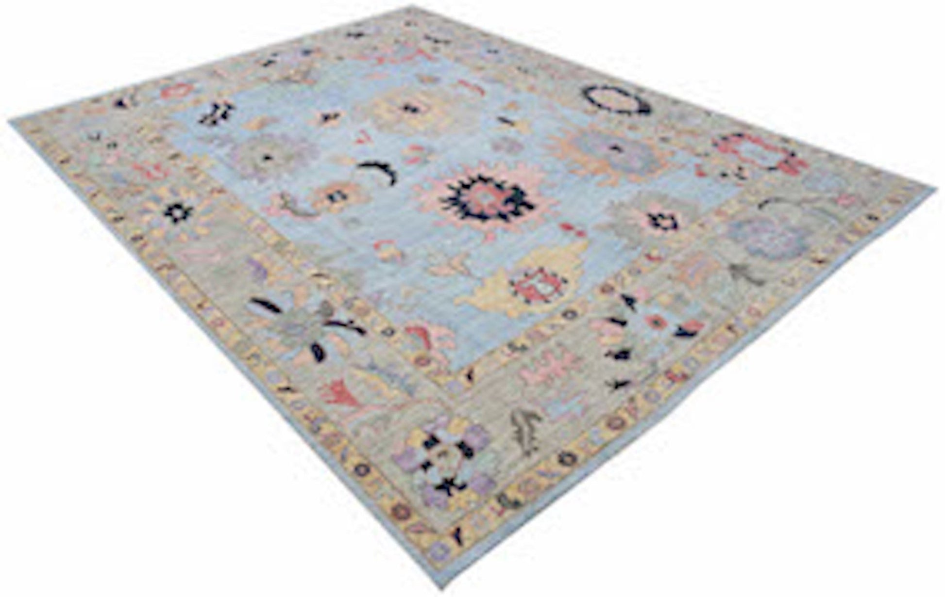 A handwoven transitional Oushak rug featuring a light blue field with colorful floral motifs.