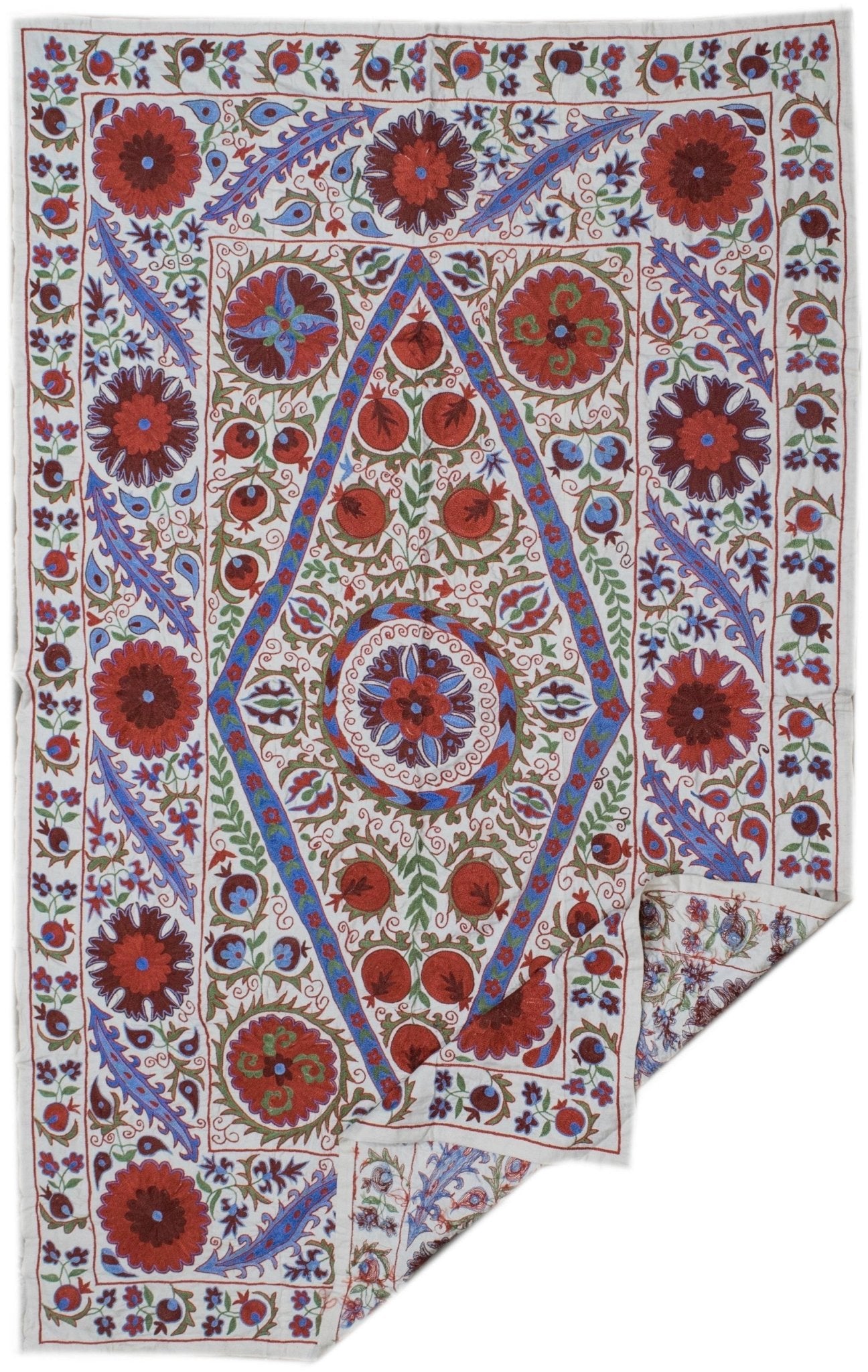 Handmade Uzbek suzani textile featuring intricate floral and pomegranate embroidery on cotton.