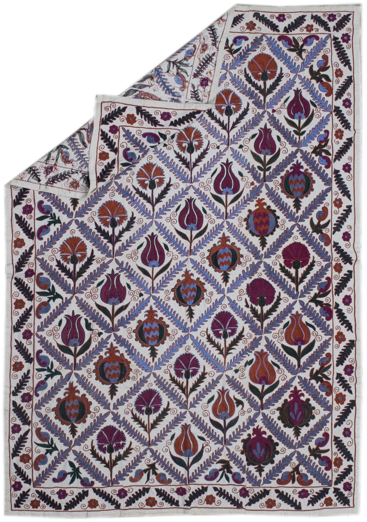 Hand-embroidered Uzbek suzani featuring a repeating diamond pattern of floral and fruit motifs.