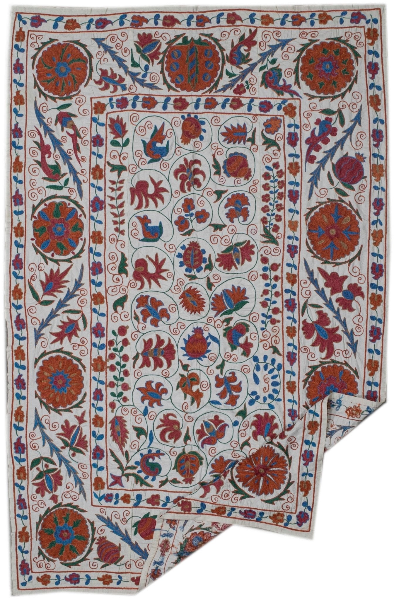 Handmade Uzbek suzani featuring colorful floral and pomegranate embroidery on a cotton base.