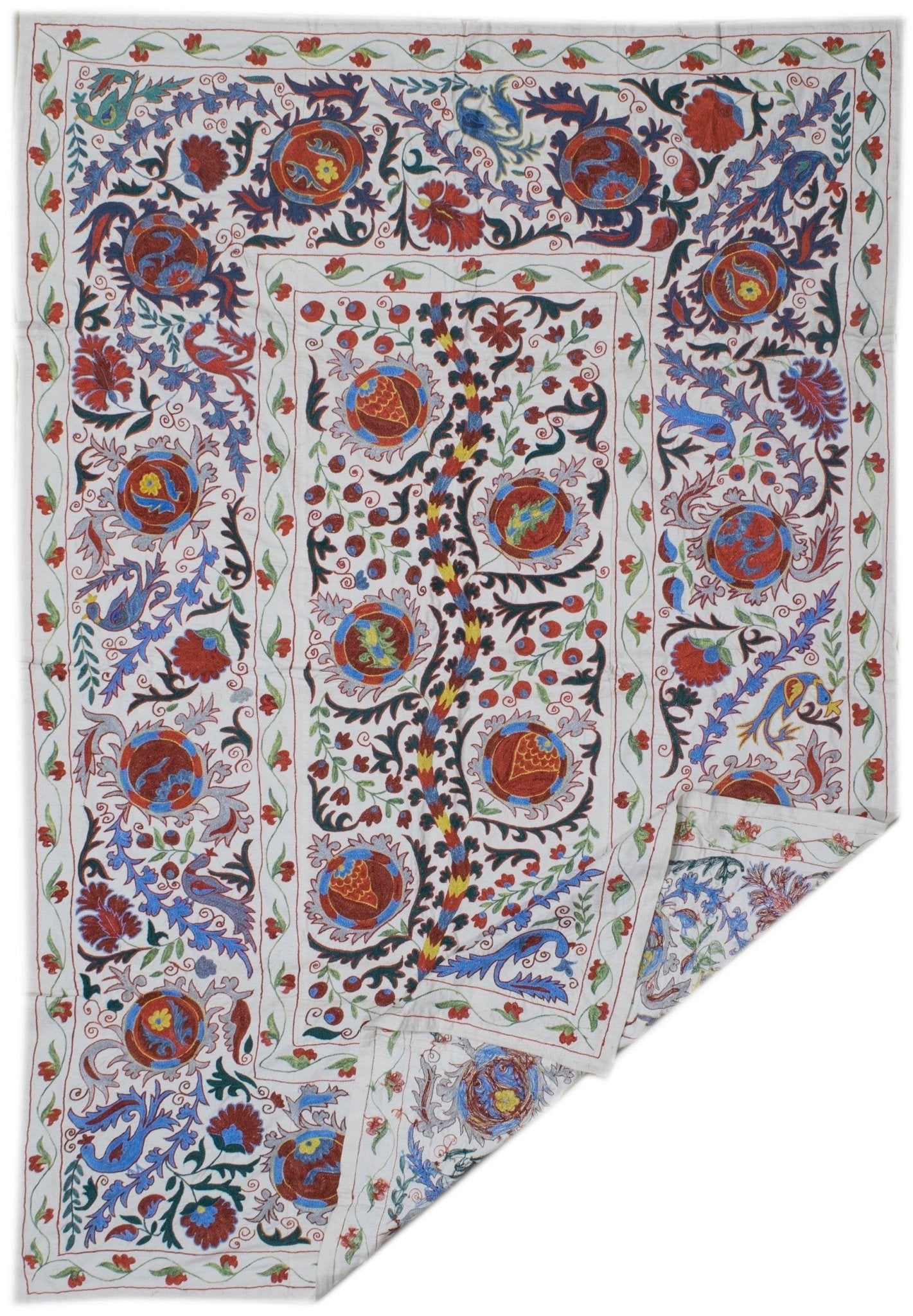 Handmade Uzbek suzani textile featuring intricate floral and pomegranate embroidery on cotton.