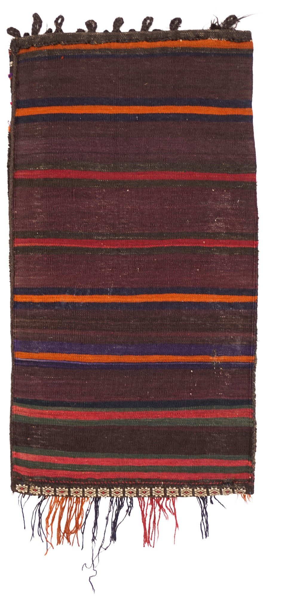 A vintage handmade Afghan Baluch wool cushion featuring horizontal stripes and tasseled ends.