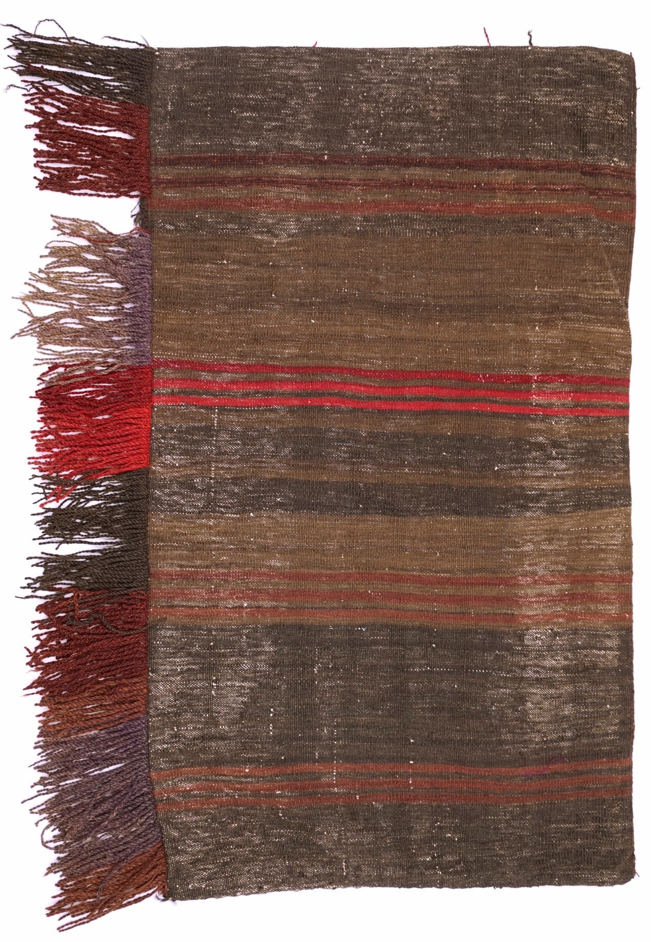 A rectangular, handmade Afghan wool cushion featuring brown and red striped patterns with fringe.