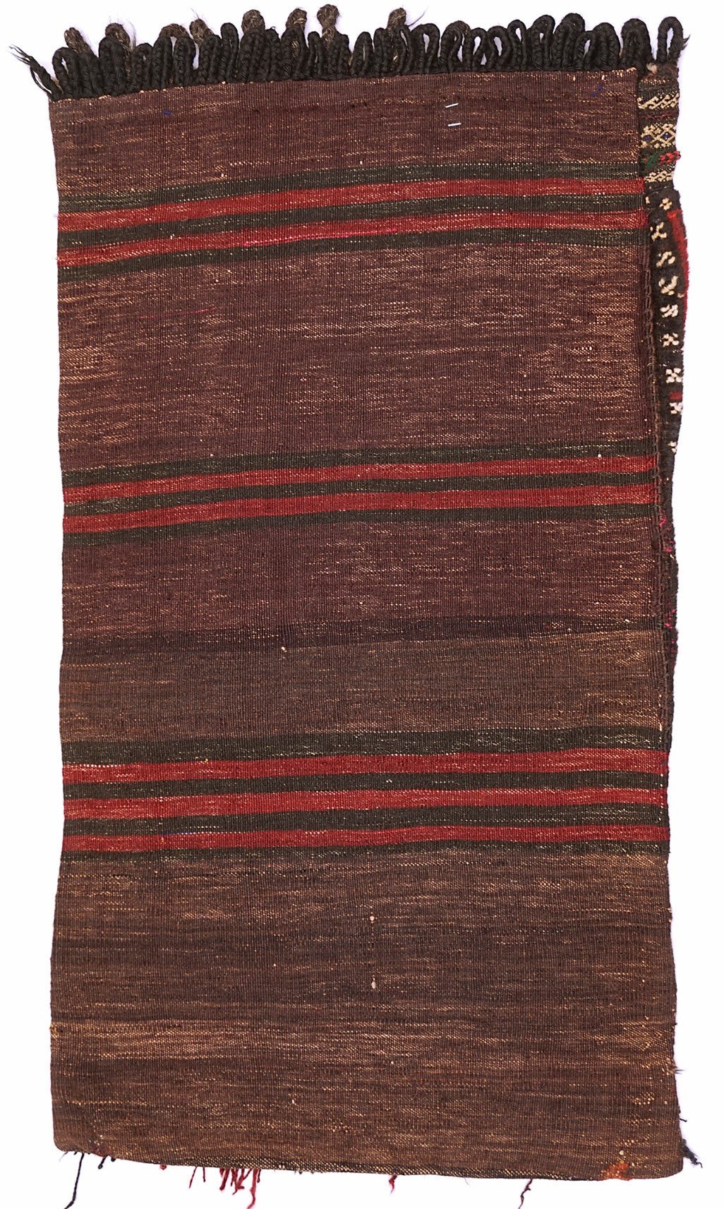 A handmade vintage Afghan Baluch cushion featuring brown wool with red and black striped patterns.