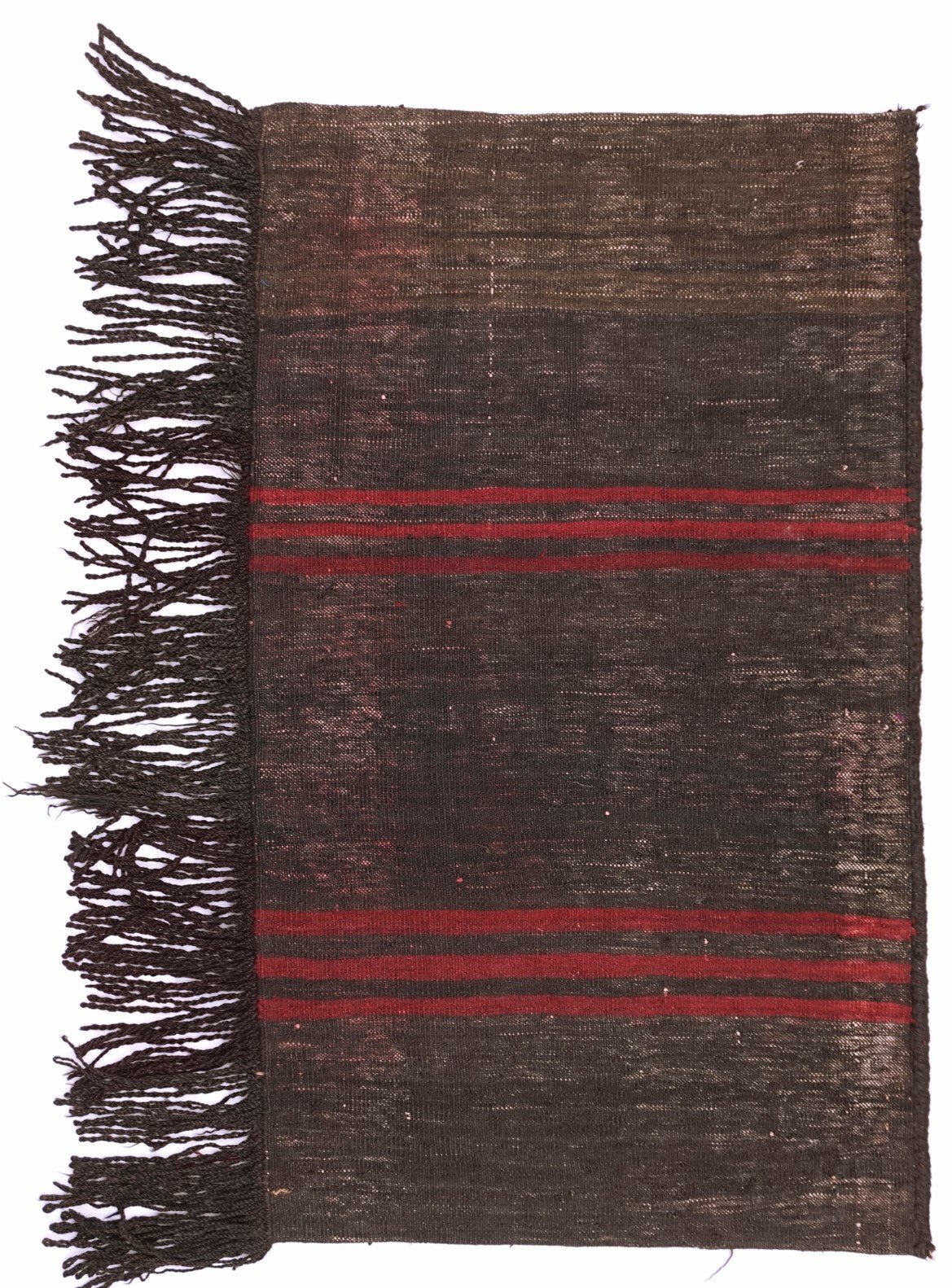 A rectangular vintage Afghan Baluch wool cushion featuring dark brown tones with red striped accents.