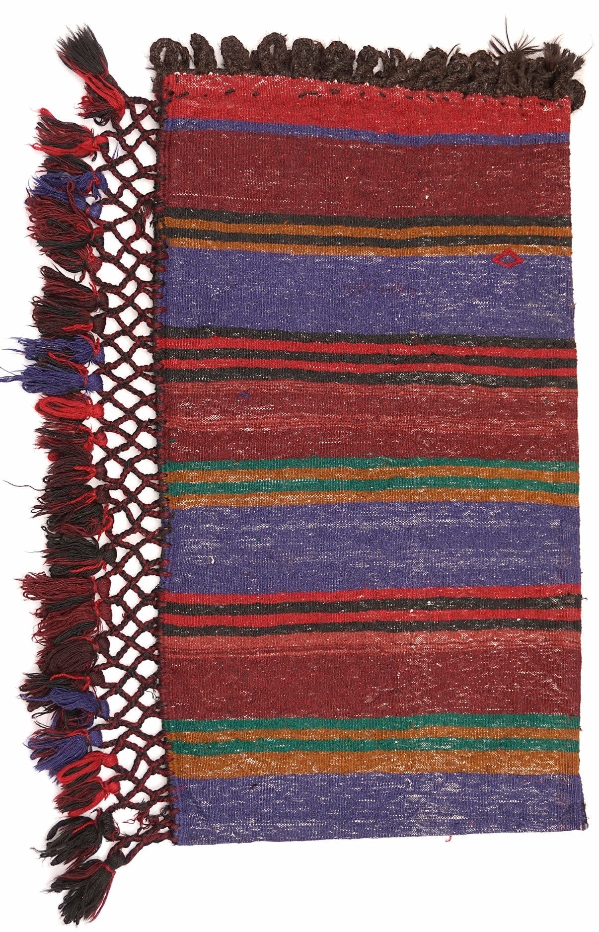 A handmade vintage Afghan Baluch wool cushion featuring colorful horizontal stripes and tassels.