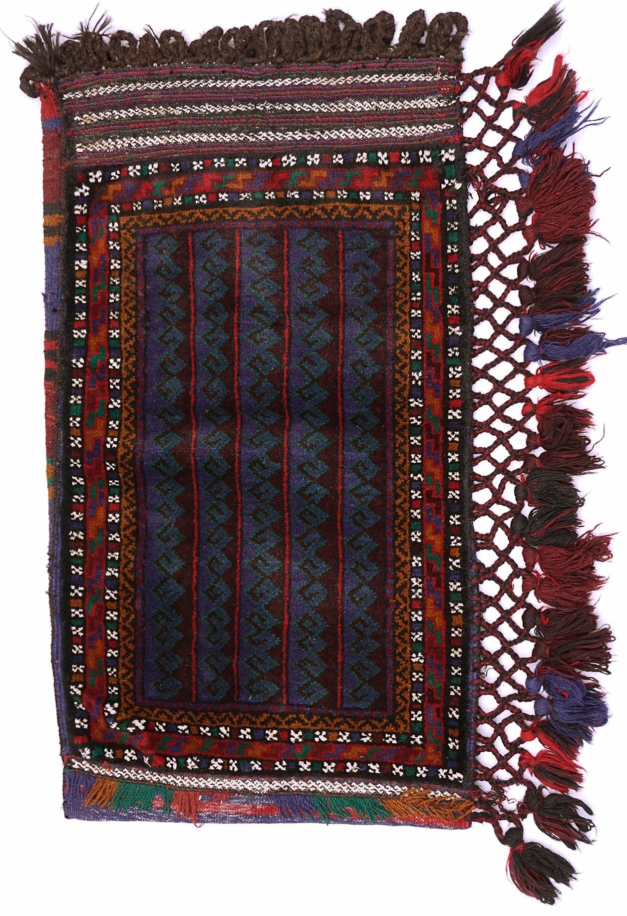 A vintage handmade Afghan Baluch wool cushion featuring geometric patterns and decorative tassels.