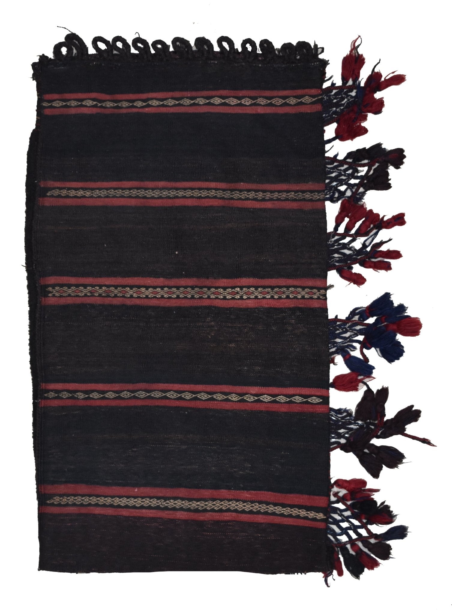 A rectangular vintage Afghan Baluch cushion featuring black wool with red and white geometric stripes.