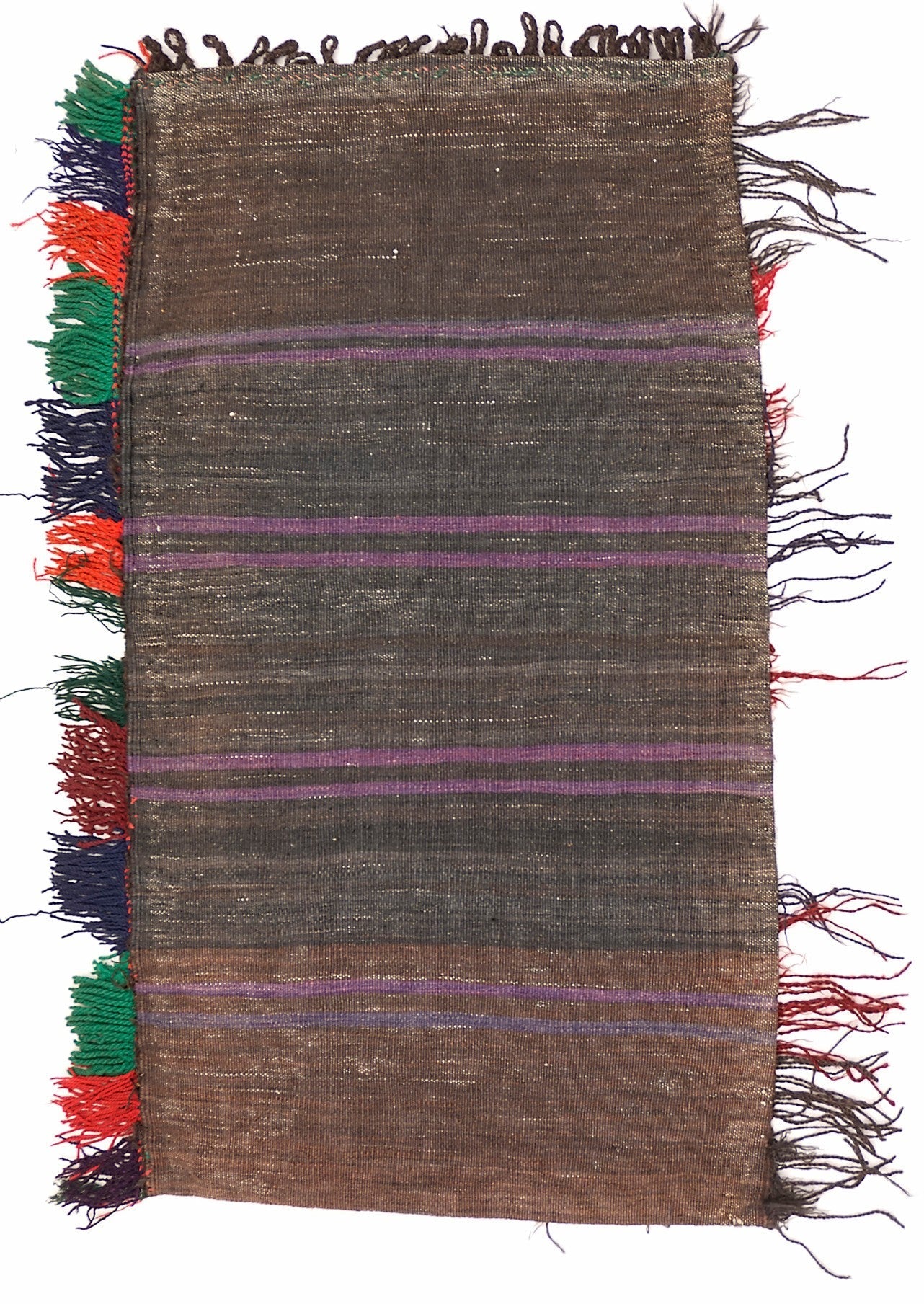 A rectangular, handmade Afghan wool cushion featuring brown striped patterns and colorful tassels.